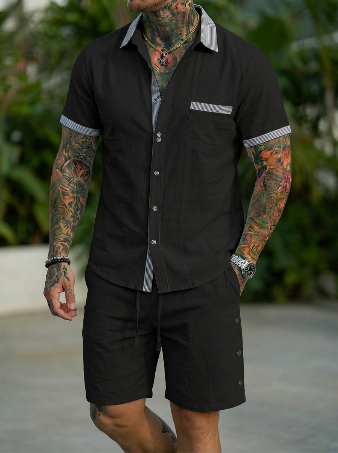 Short Linen Drawstring - Men's Fashion Cuban Style Shirt Set
